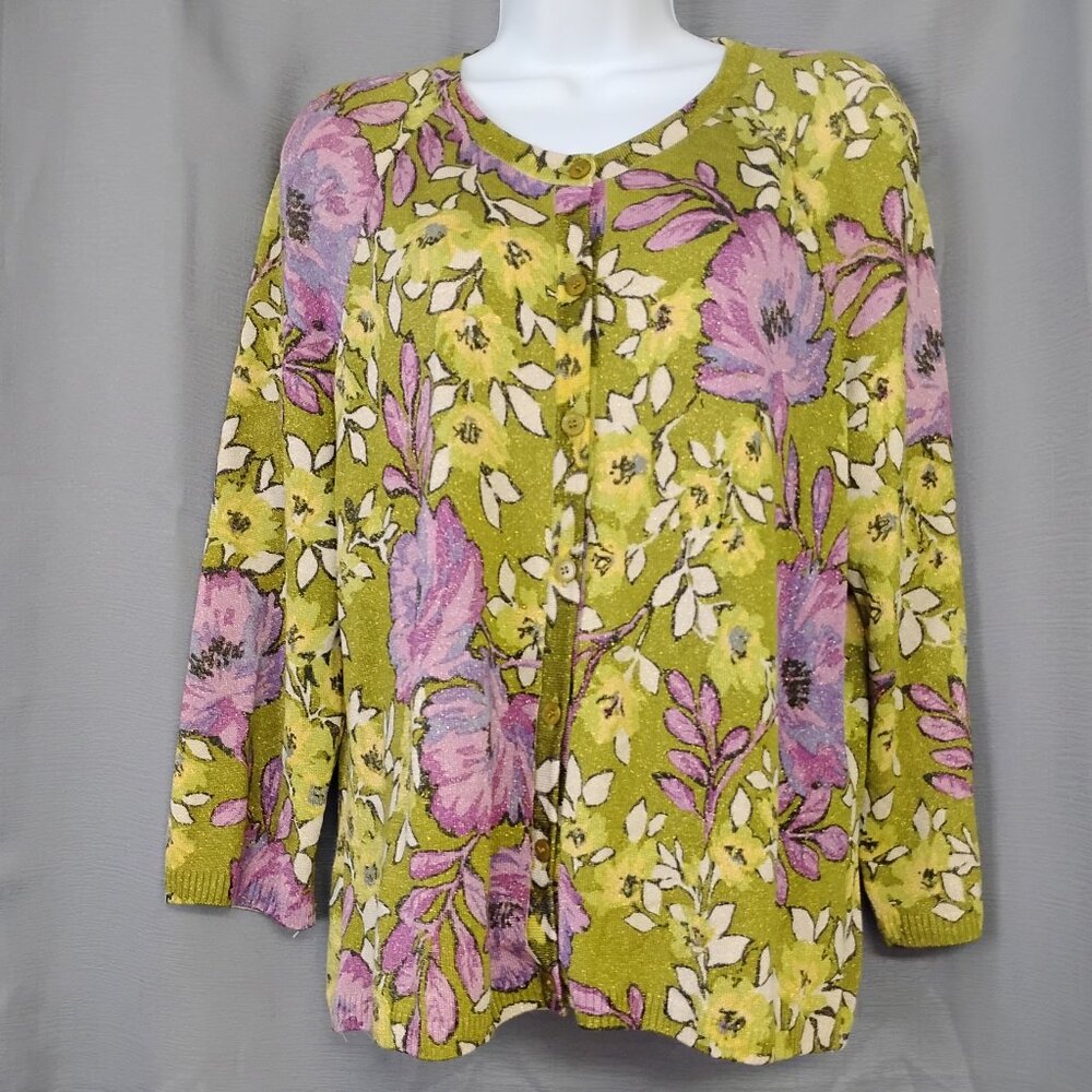 ❤️ST JOHN Metallic Floral Green Lavender Yellow Button Down Sweater SZ MEDIUM